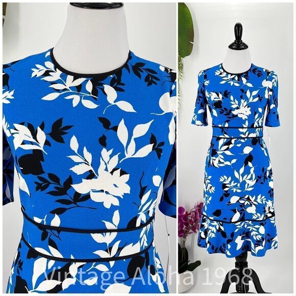 Maggie London Blue White Black Round Neck Back Zip Midi Size 4 - Picture 5 of 5